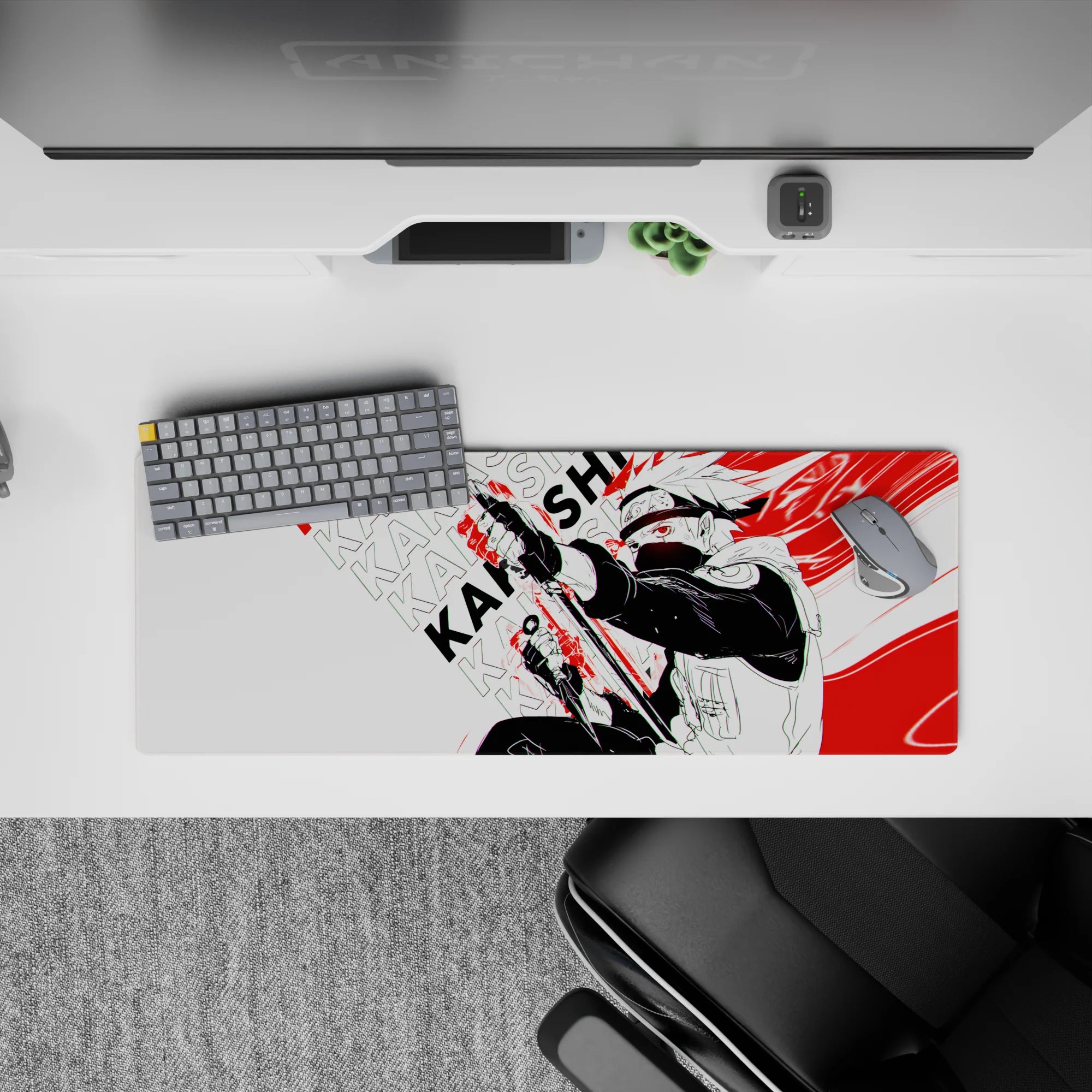 32x12 inches Naruto desk mat in sharp black and white with bold red streaks, intense calm combat vibe.