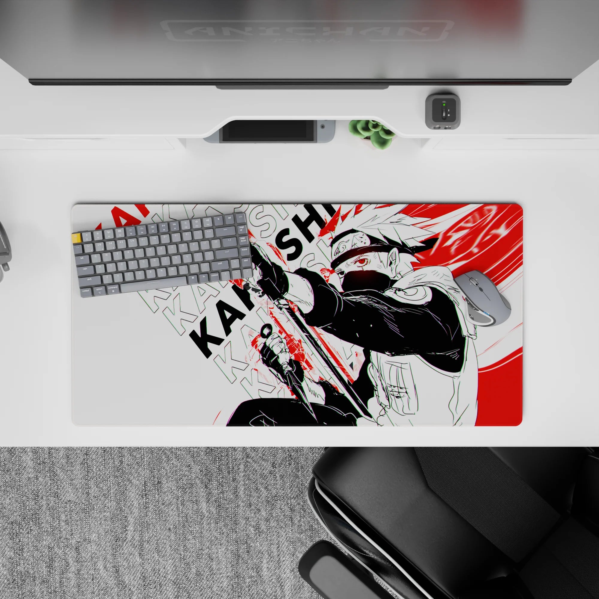 32x16 inches anime mouse pad in stark black and white with intense red streaks, calm-but-deadly vibe.