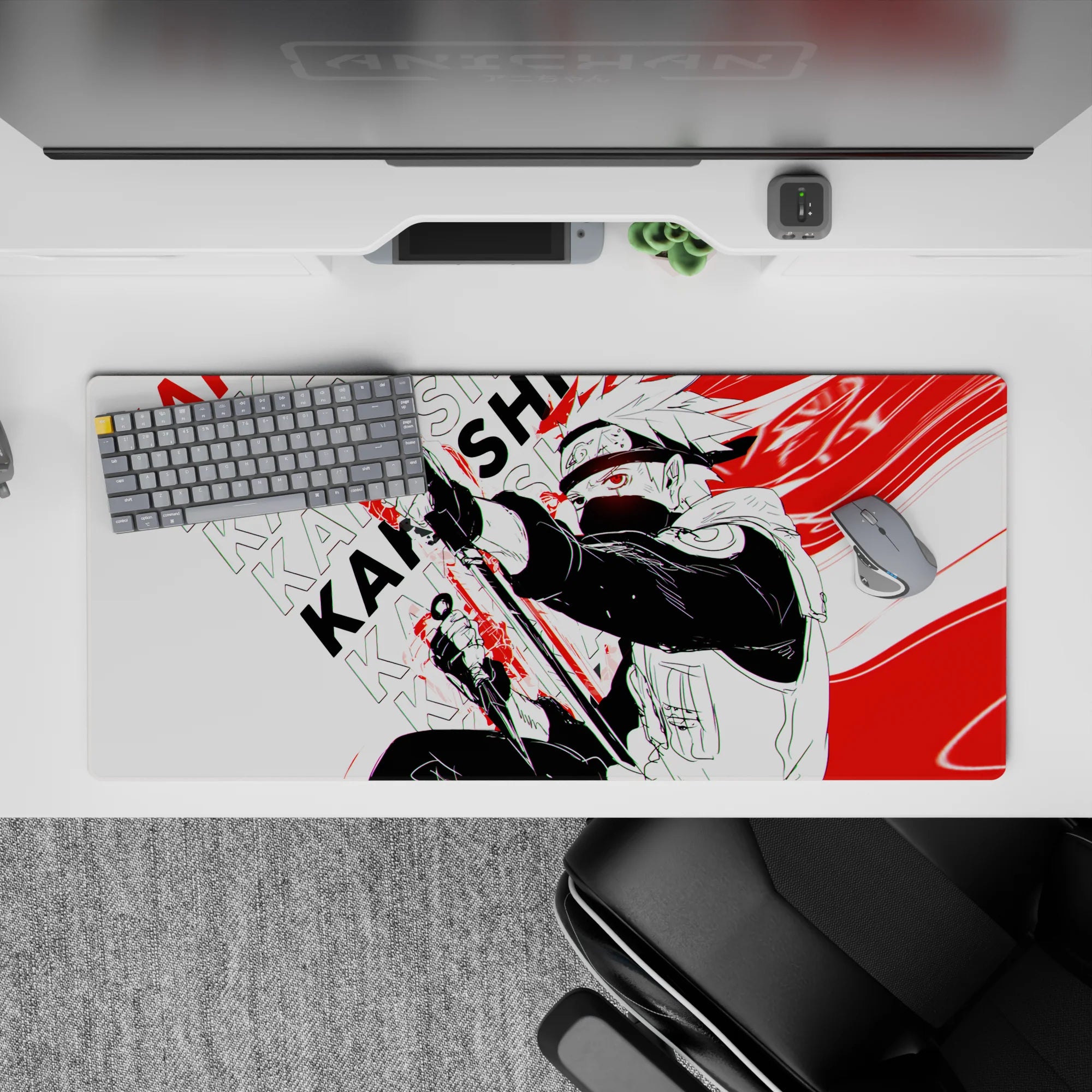 Anime desk pad 36x16 inches in high-contrast black and white with chaotic red accents, intense vibe.