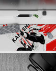 Anime desk pad 36x16 inches in high-contrast black and white with chaotic red accents, intense vibe.
