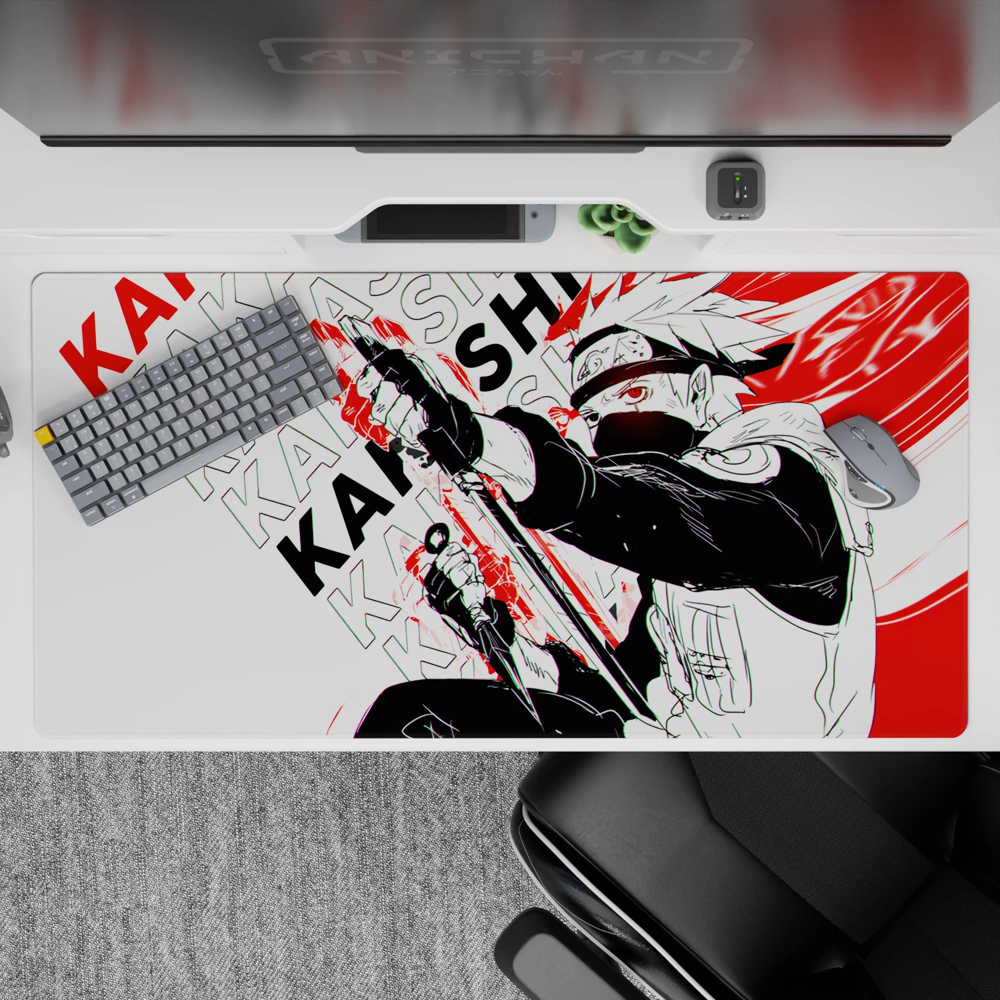 Black and white anime desk pad 40x20 inches with red slash accents, calm-but-deadly vibe, high contrast.