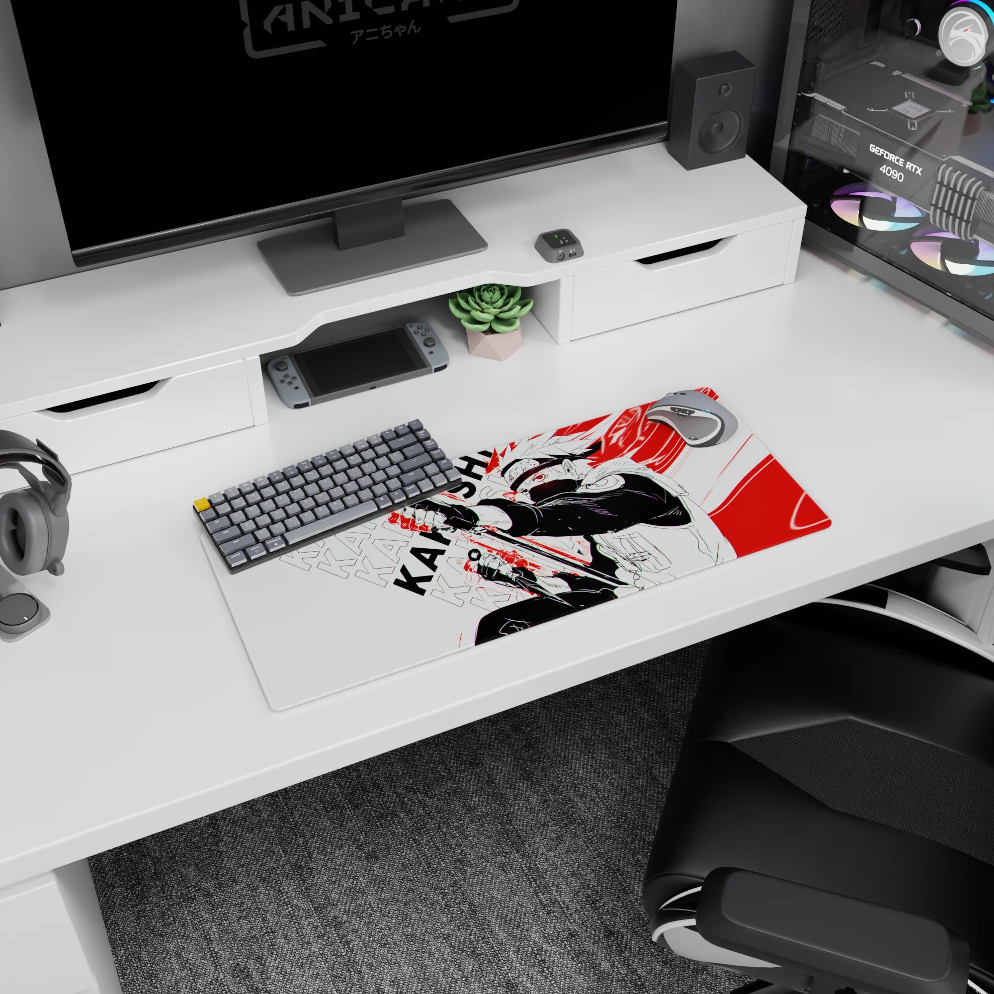 28x12 inches Naruto mouse pad featuring Kakashi Hatake, Sharingan stare, kunai ready, action frame.