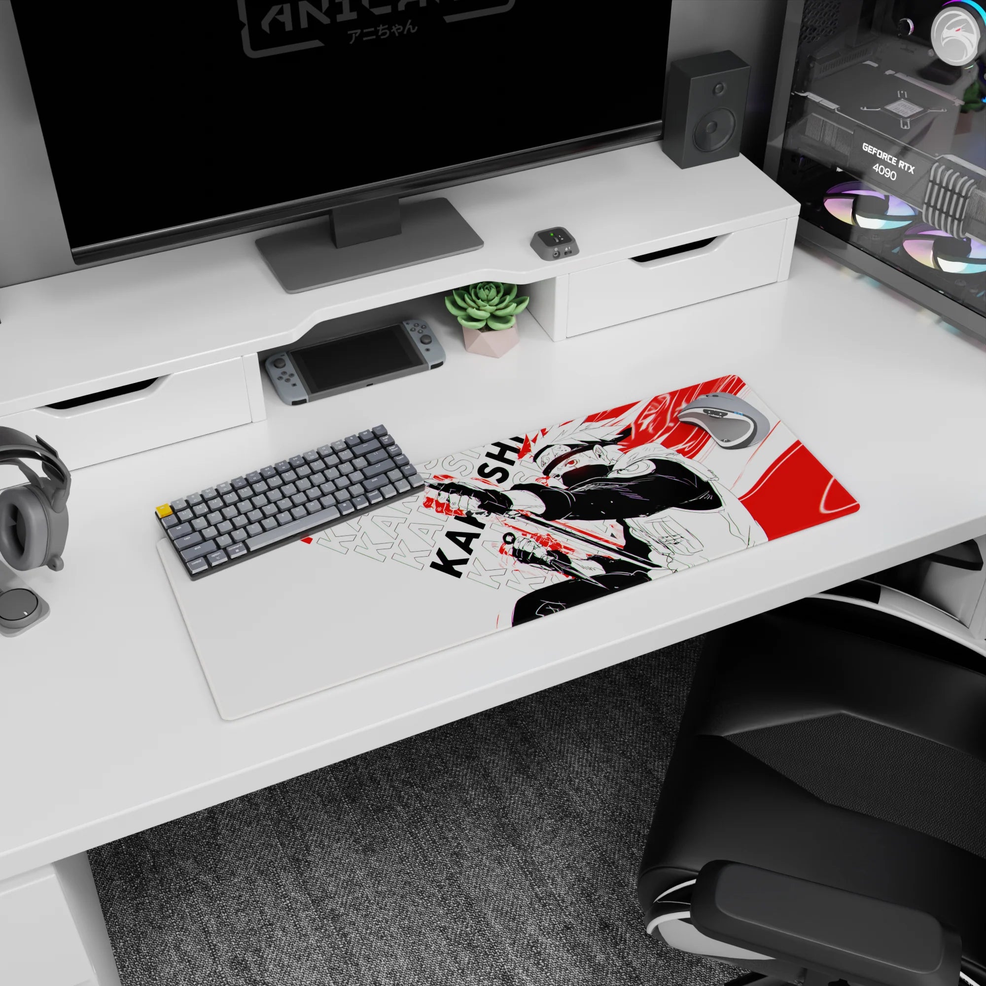 32x12 inches Kakashi Hatake mouse pad, kunai ready, Sharingan stare, snapping into frame action scene.