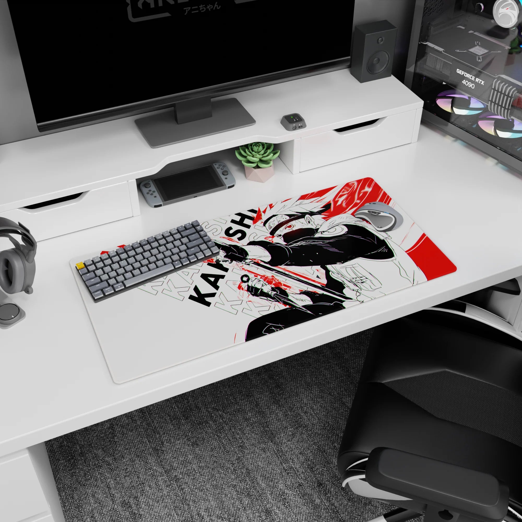 32x16 inches Naruto mouse pad showing Kakashi Hatake with kunai ready and Sharingan stare, mid-action.
