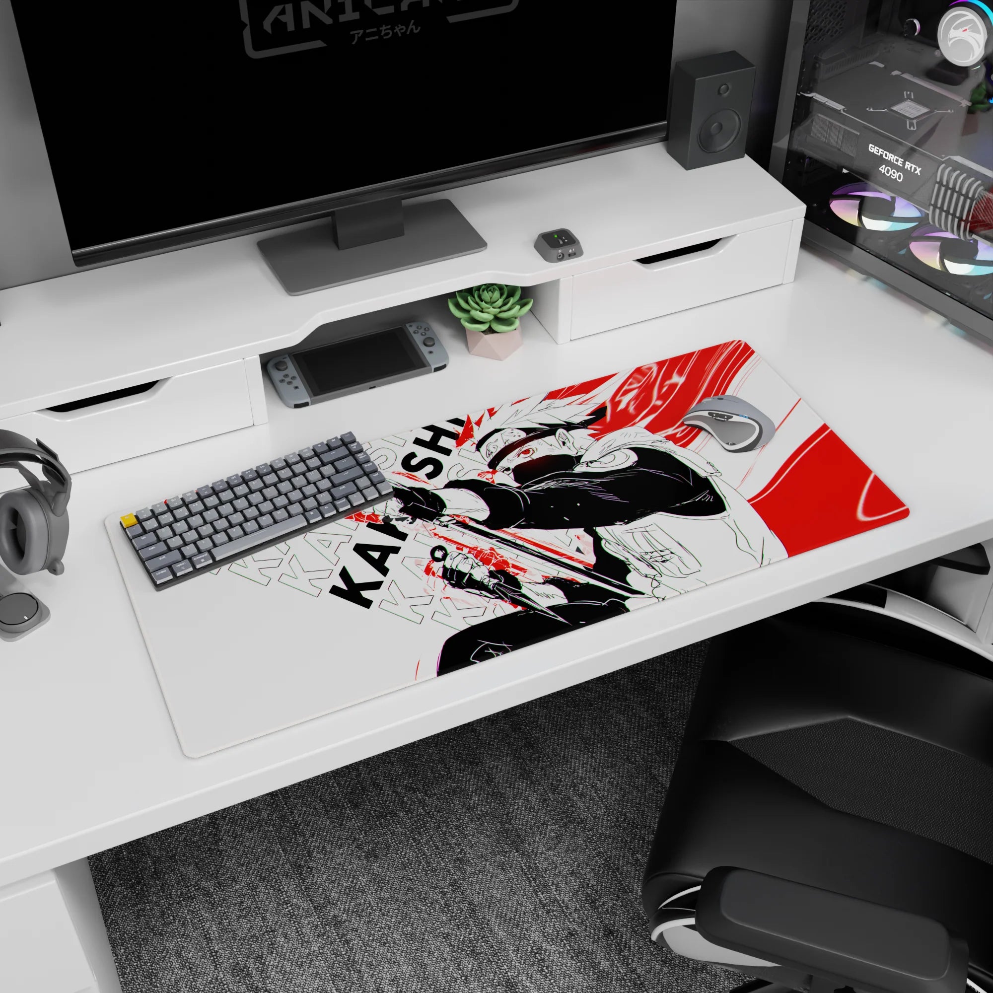 Kakashi Hatake with kunai and Sharingan stare on anime desk pad 36x16 inches, action frame art.