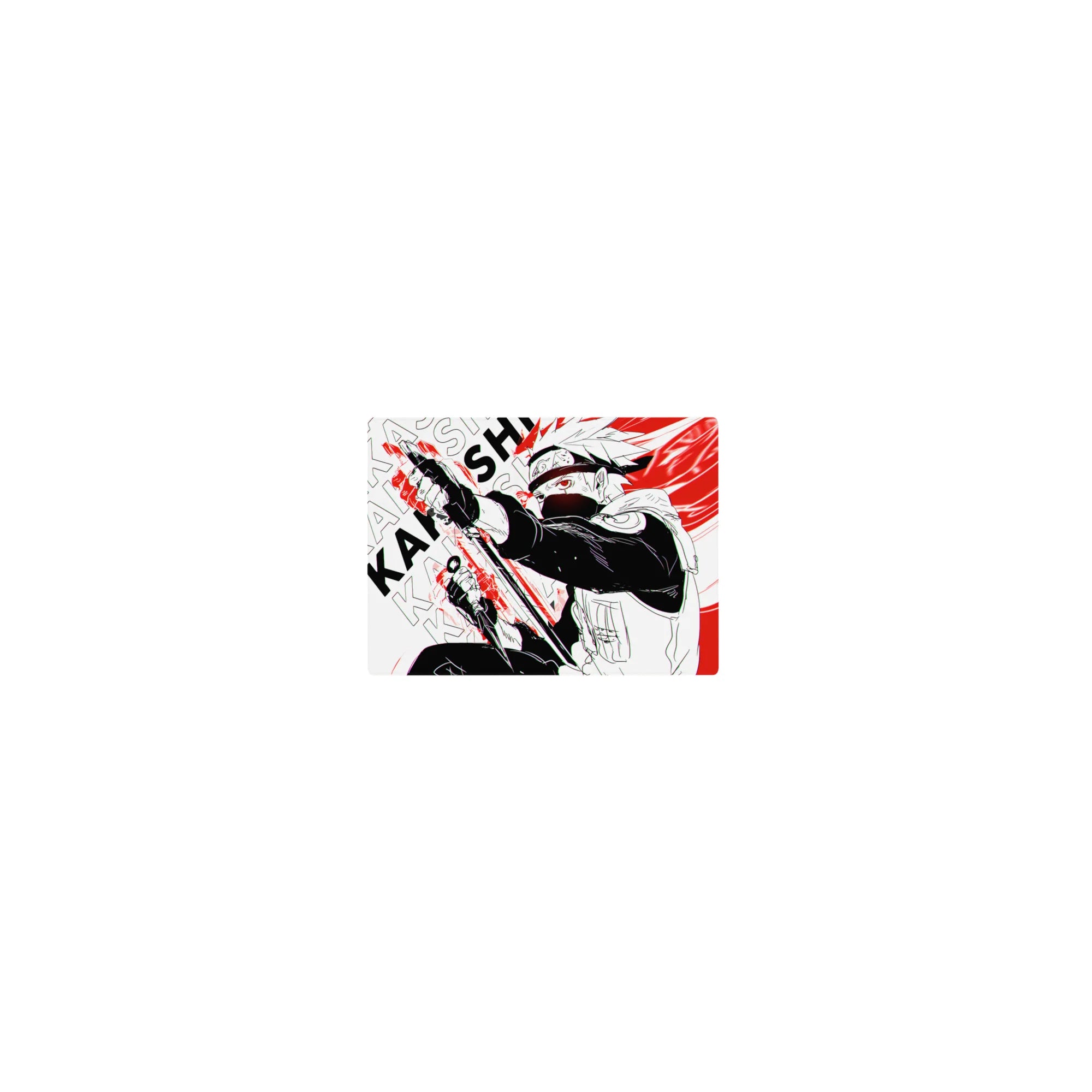 Classic anime mouse pad 14x10 inches with bold Kakashi pattern, kunai pose, and dynamic red slashes.