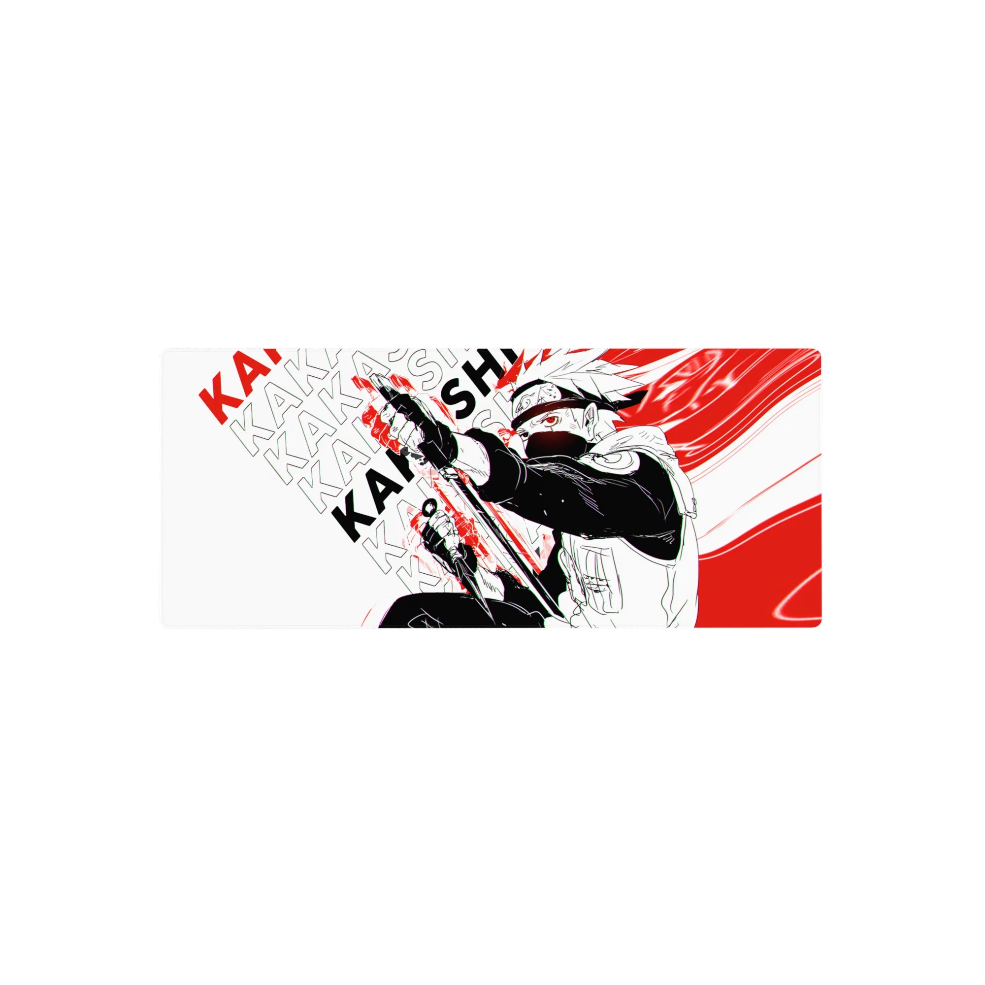 28x12 inches anime mouse pad with Kakashi graphic, bold KAKASHI pattern, kunai pose, sharp lines.