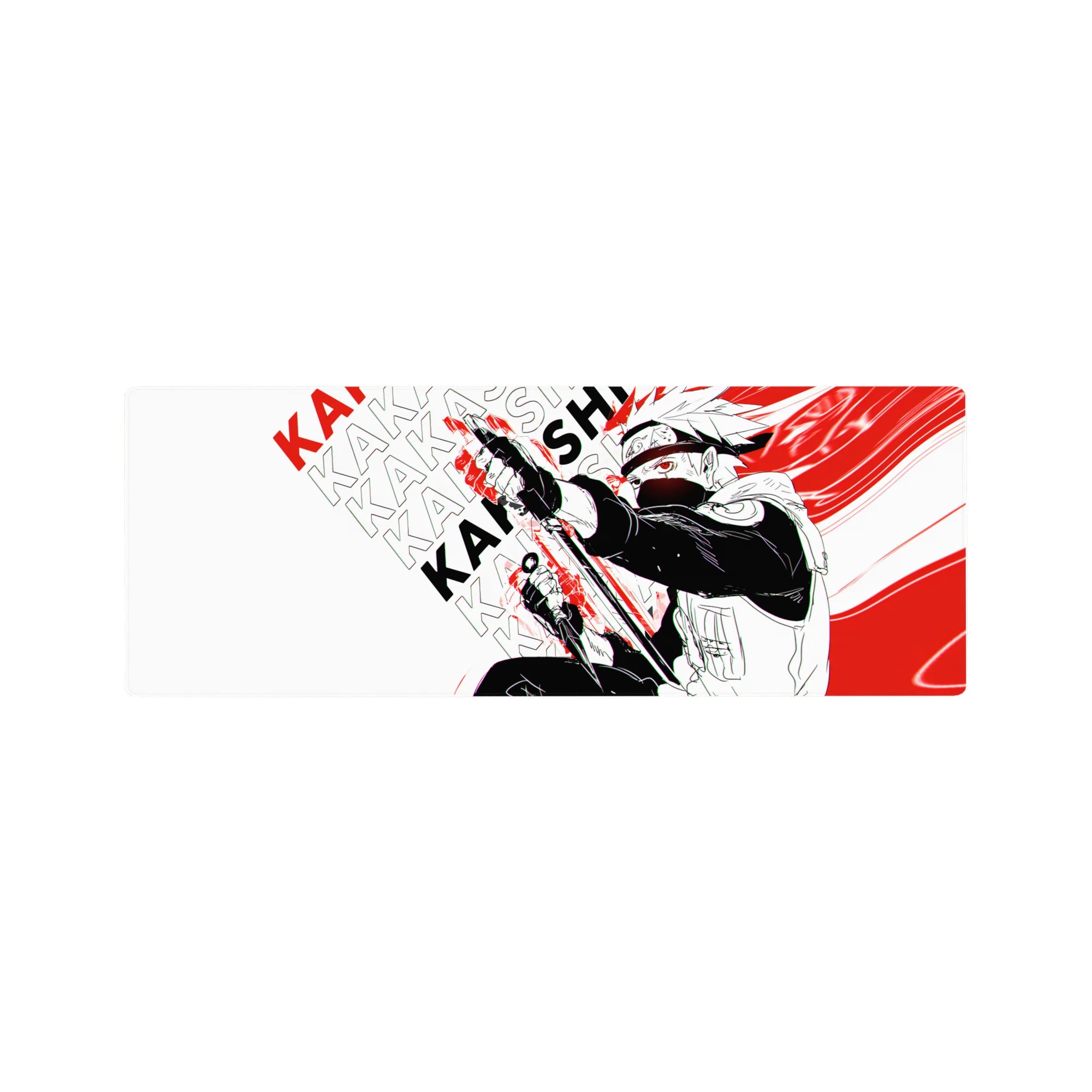 32x12 inches anime mouse pad with Kakashi graphic, black-and-white art, red slashes, KAKASHI pattern.