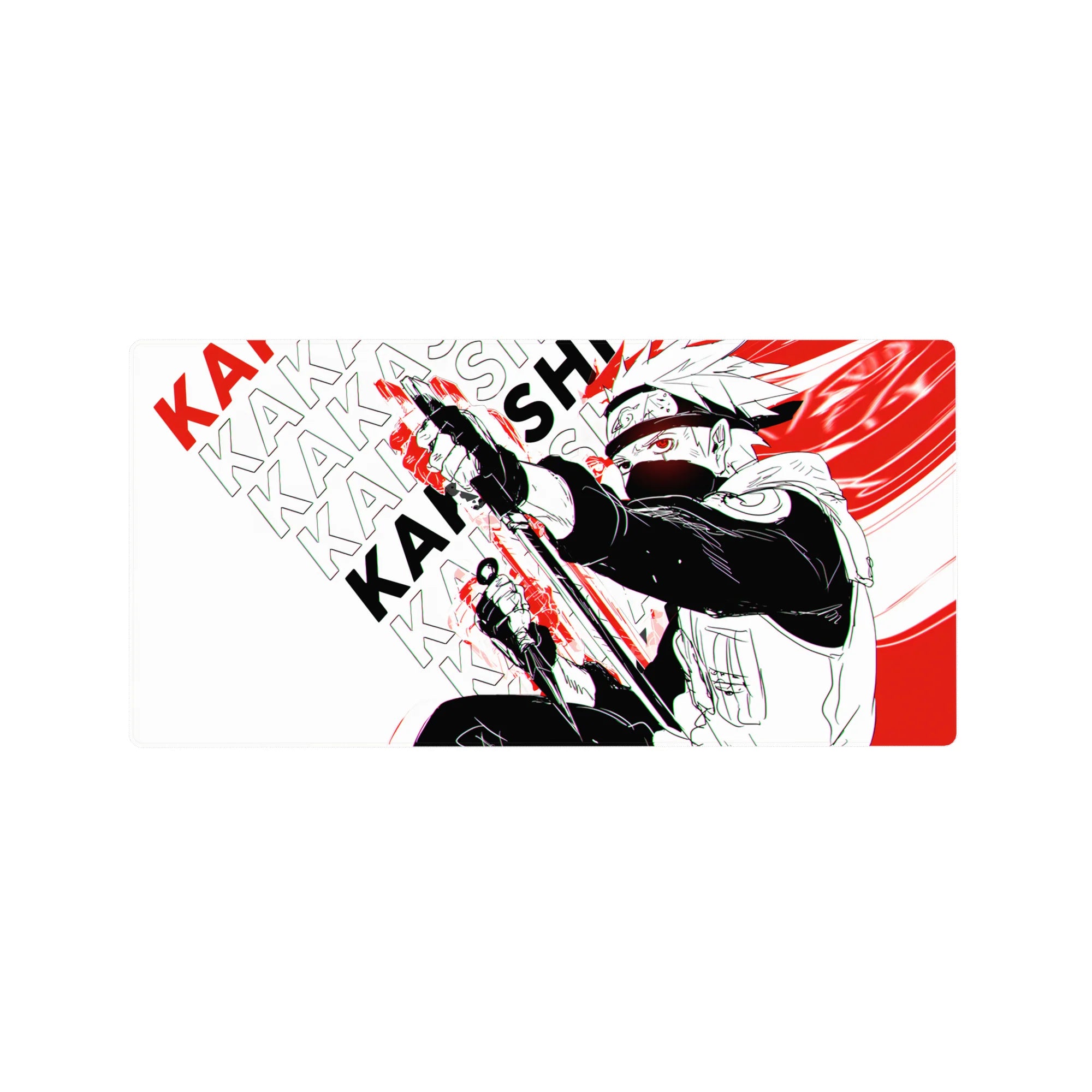 32x16 inches anime mouse pad with Kakashi-inspired black-and-white art, red slashes, and KAKASHI pattern.