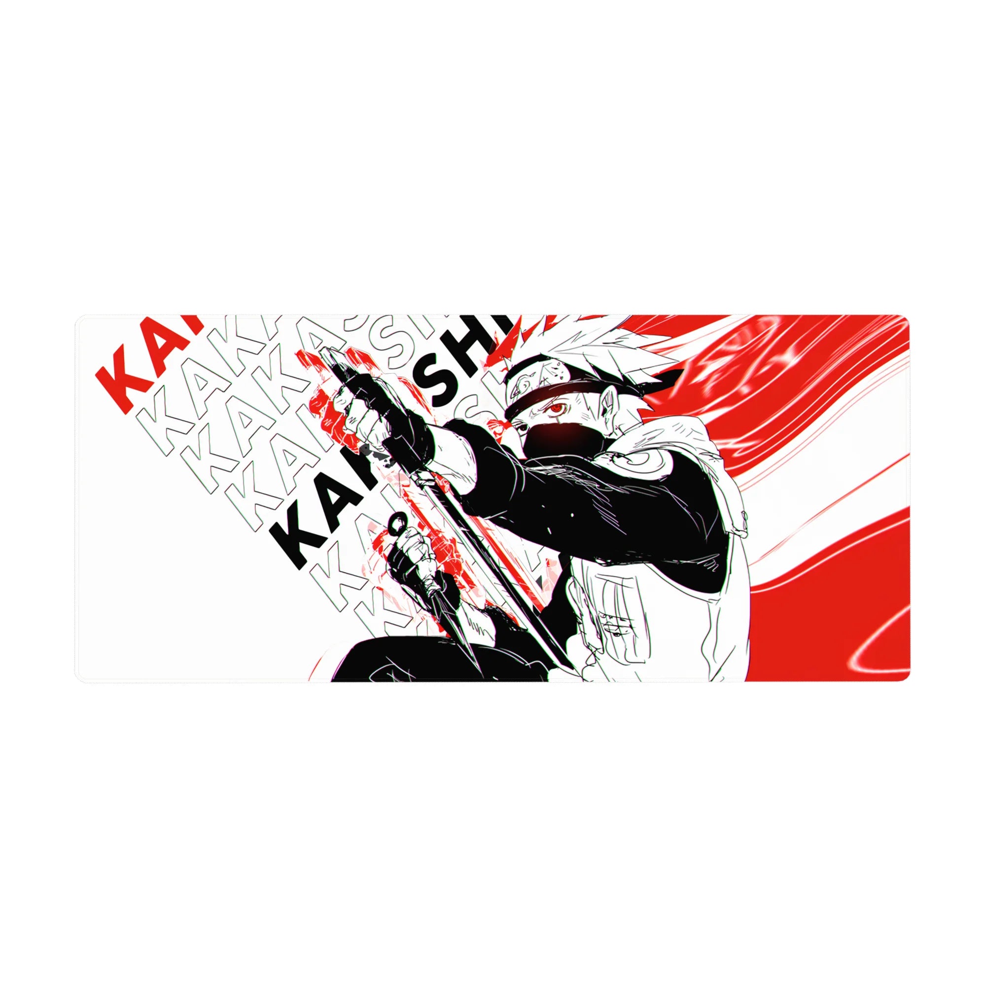 Naruto Kakashi desk pad 36x16 inches with bold black-white art, red slashes, and KAKASHI pattern.