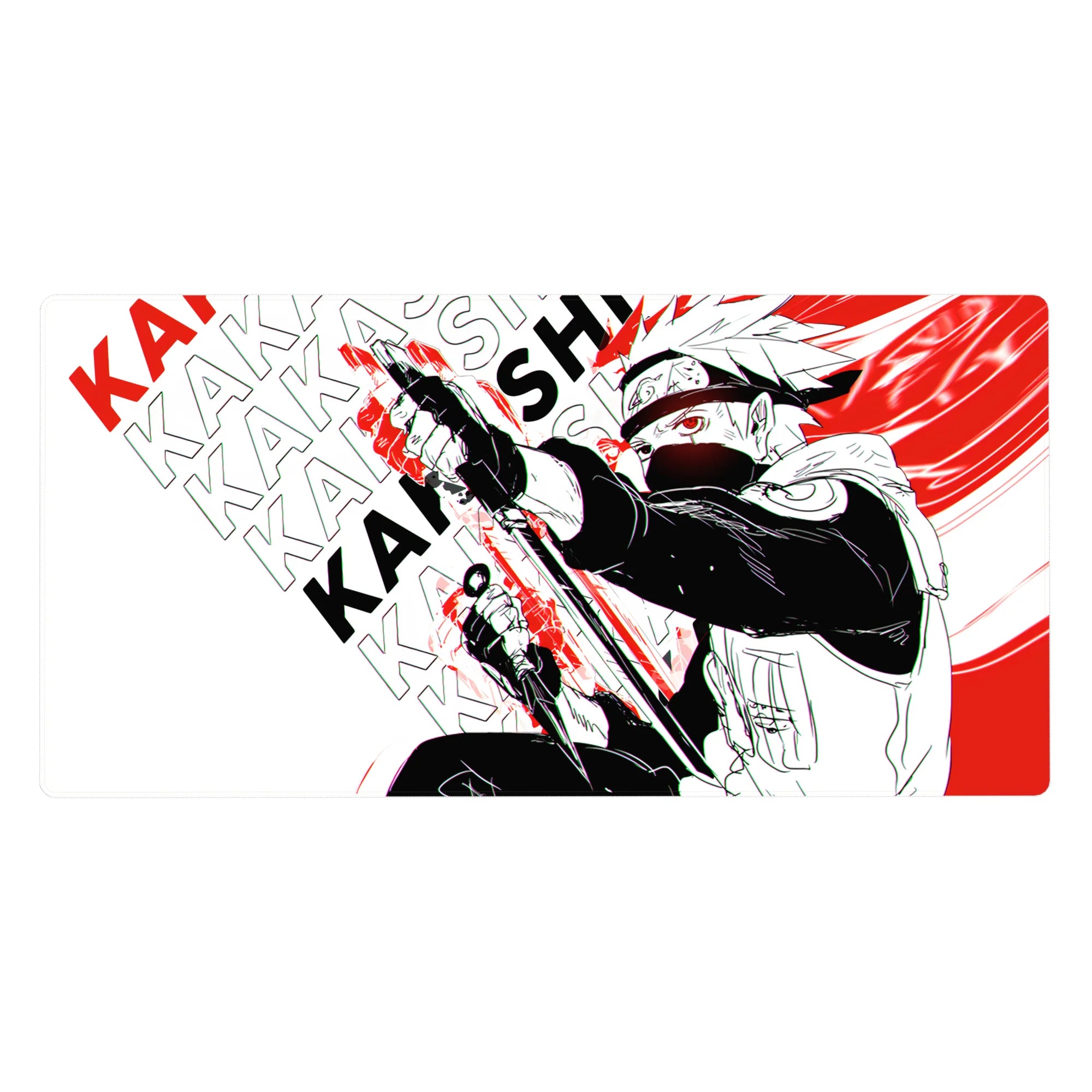 Naruto Kakashi anime desk pad 40x20 inches with bold KAKASHI pattern, Sharingan and kunai artwork.