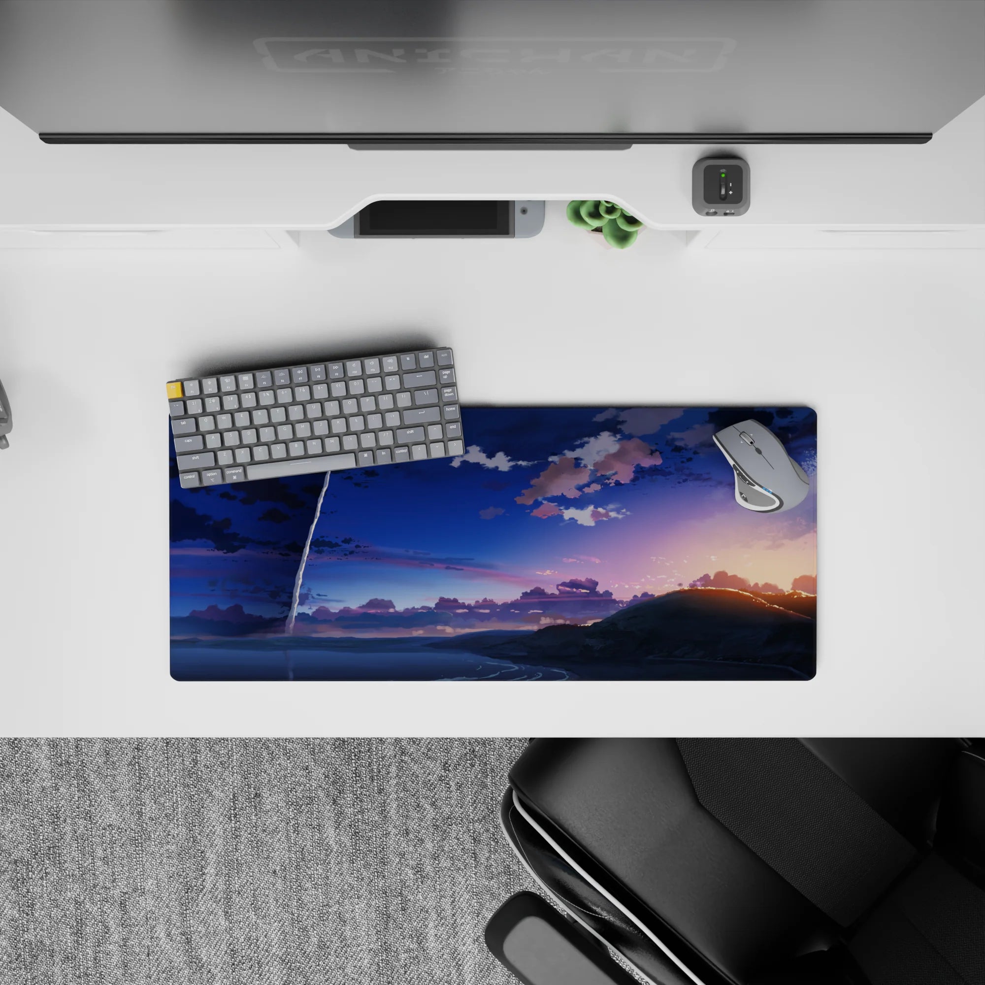28x12 inches anime mouse pad in indigo and peach dusk tones, calm bittersweet vibe for gaming or work.
