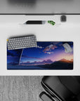28x12 inches anime mouse pad in indigo and peach dusk tones, calm bittersweet vibe for gaming or work.