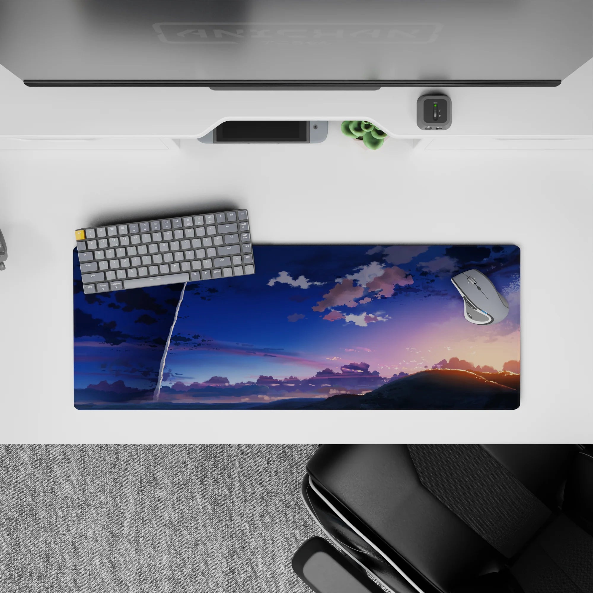 32x12 inches anime mouse pad in deep indigo and soft peach, calm bittersweet dusk vibe with smooth gradients.