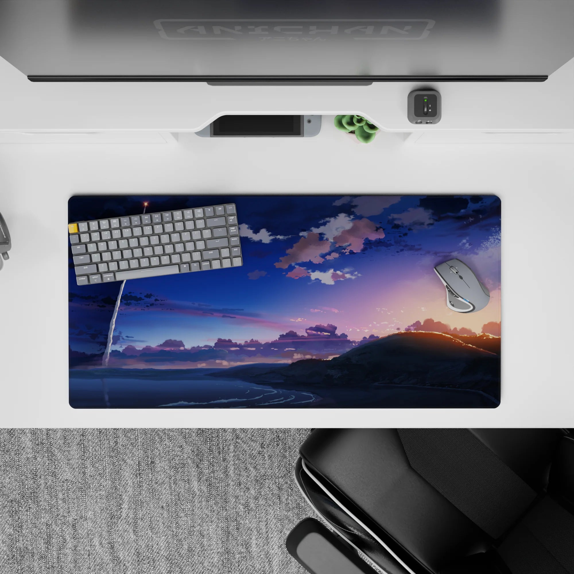 32x16 inches anime mouse pad in deep indigo and soft peach gradients, calm bittersweet dusk mood.
