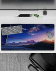 32x16 inches anime mouse pad in deep indigo and soft peach gradients, calm bittersweet dusk mood.