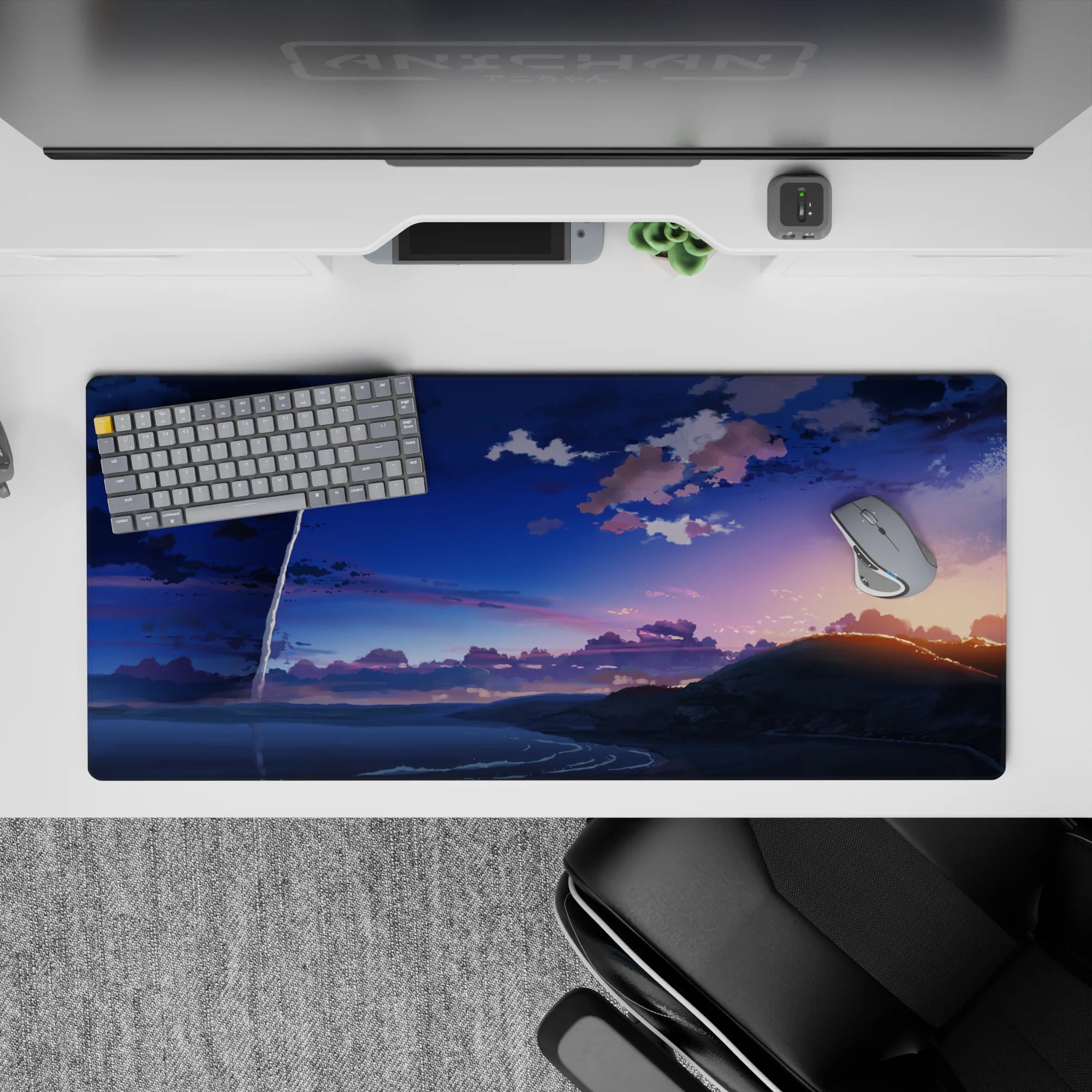 Indigo and soft peach anime desk pad 36x16 inches, calm bittersweet dusk vibe with smooth gradients.