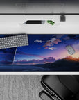 Indigo and soft peach anime desk pad 36x16 inches, calm bittersweet dusk vibe with smooth gradients.