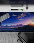 Indigo and peach sunset anime desk pad 40x20 inches, calm bittersweet vibe for gaming or work.