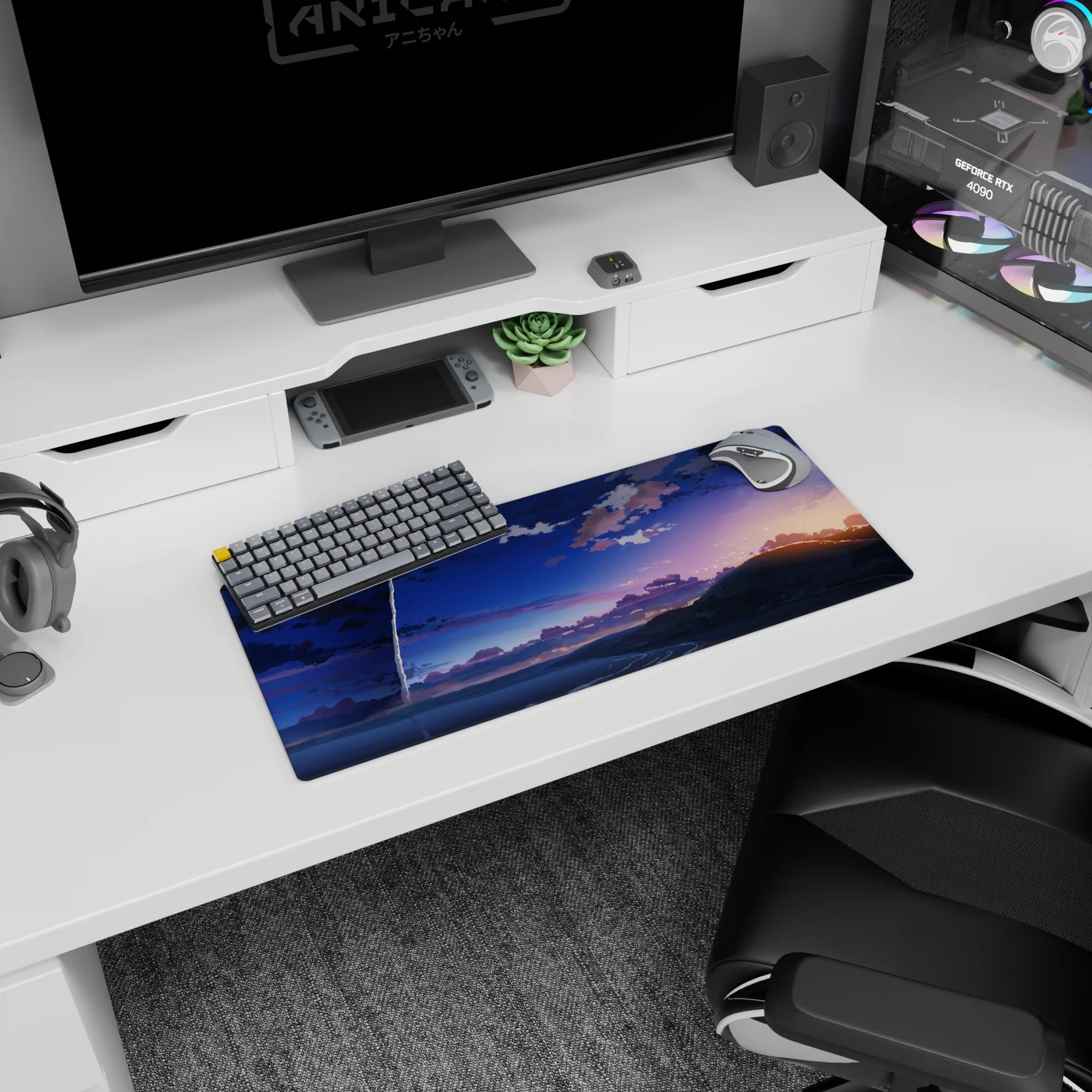 28x12 inches anime mouse pad showing a bright rocket streak over a shimmering shoreline at twilight.
