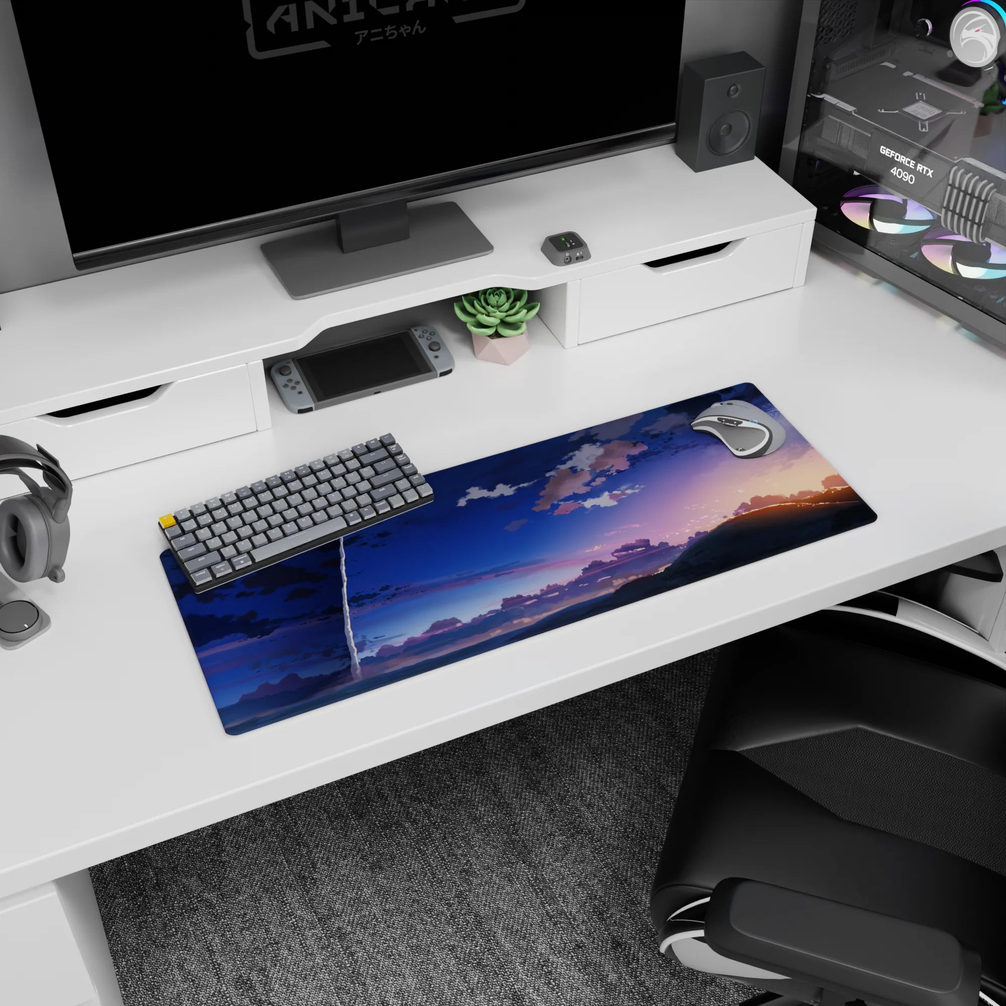 32x12 inches anime mouse pad showing a bright rocket streaking over a quiet shoreline at twilight.
