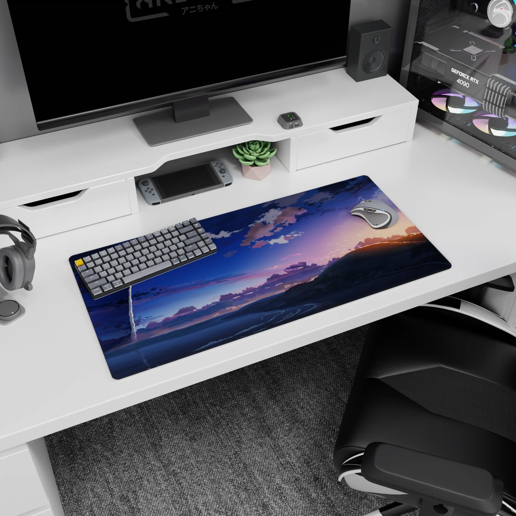 32x16 inches anime mouse pad showing a bright rocket cutting over a shimmering shoreline at twilight.