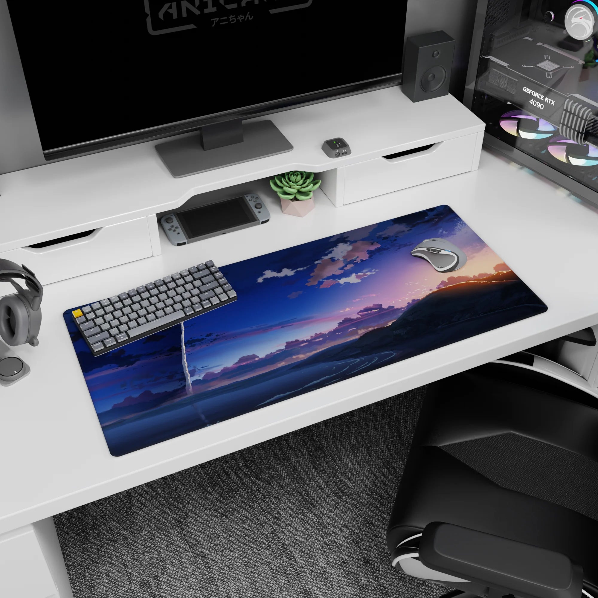 Rocket shooting across an anime dusk sky over a shimmering shoreline, desk pad 36x16 inches.