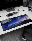 Rocket shooting across an anime dusk sky over a shimmering shoreline, desk pad 36x16 inches.