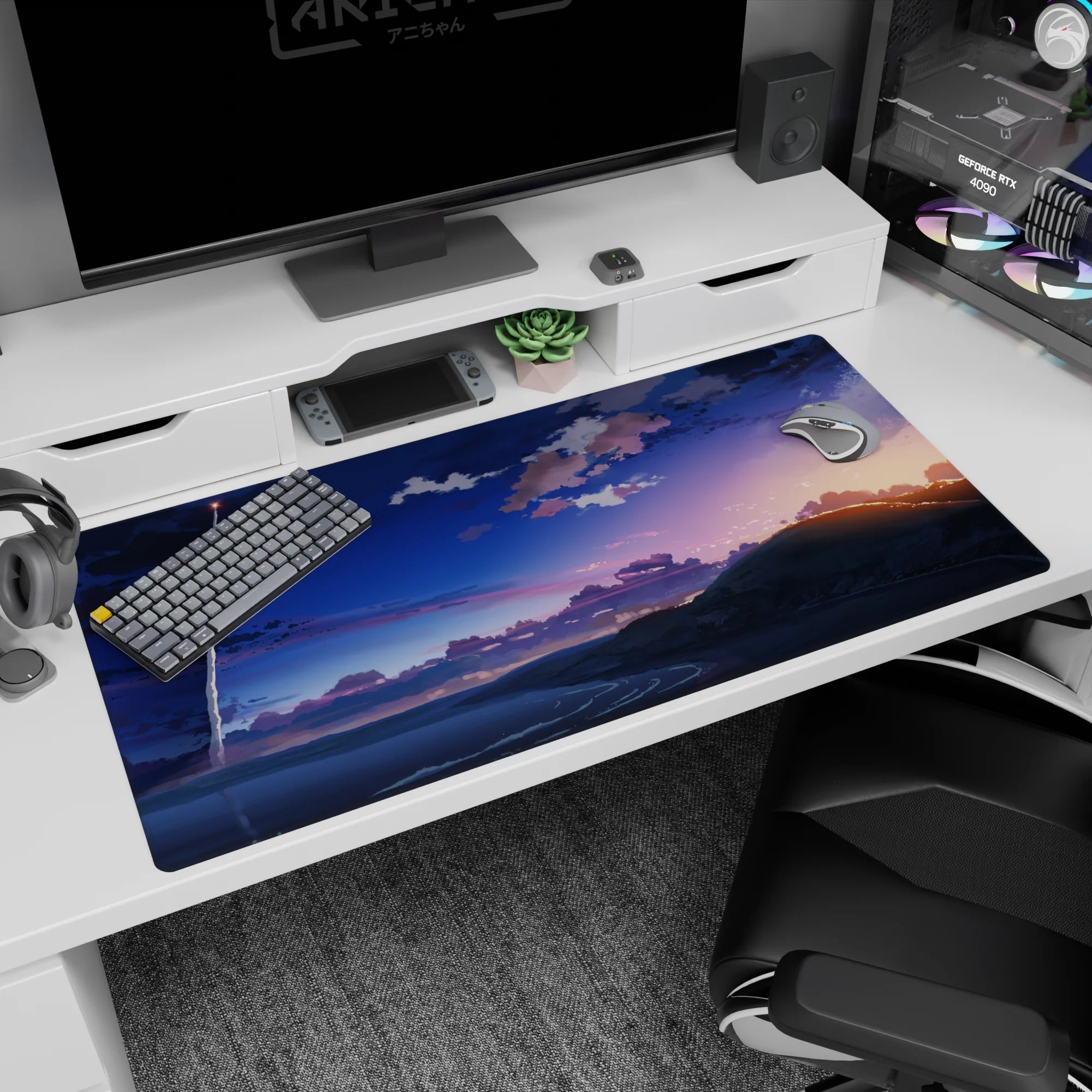 Rocket streak over shimmering shoreline at dusk on anime desk pad 40x20 inches, wide scenic view.