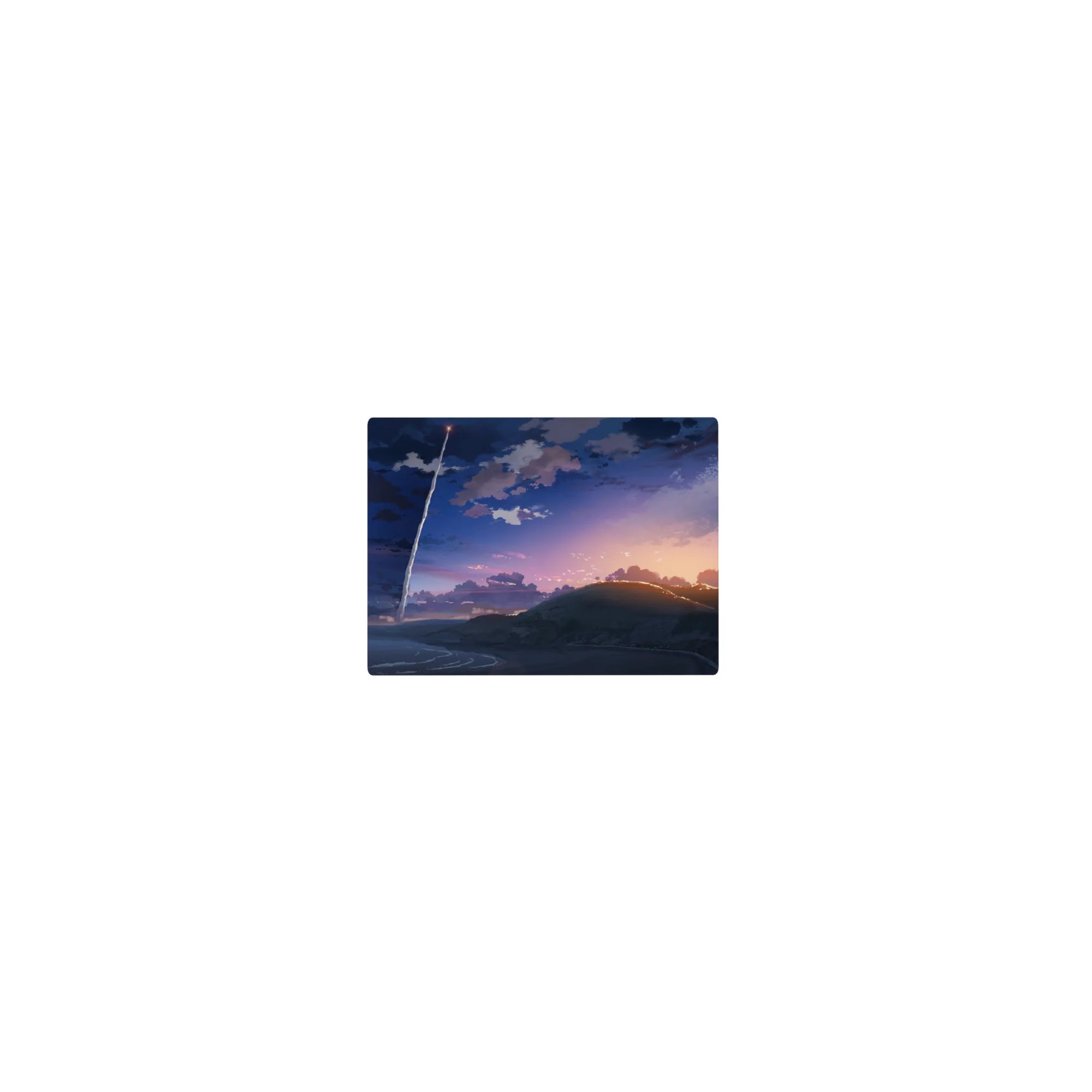 Classic anime mouse pad 14x10 inches with dusk coastline, layered clouds, hills, and rocket streak.