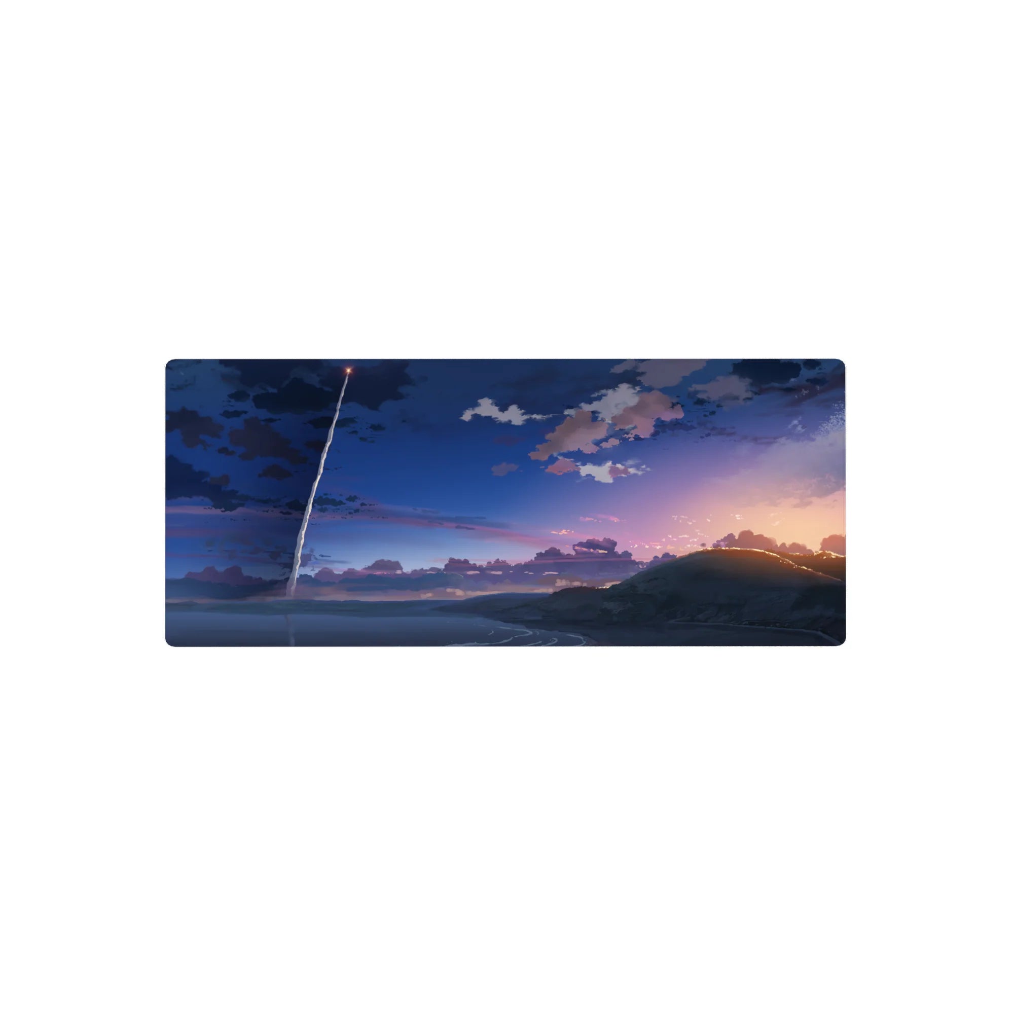 28x12 inches anime mouse pad with dusk coastline, layered clouds, rolling hills, and a rocket streak sky.
