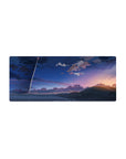 28x12 inches anime mouse pad with dusk coastline, layered clouds, rolling hills, and a rocket streak sky.