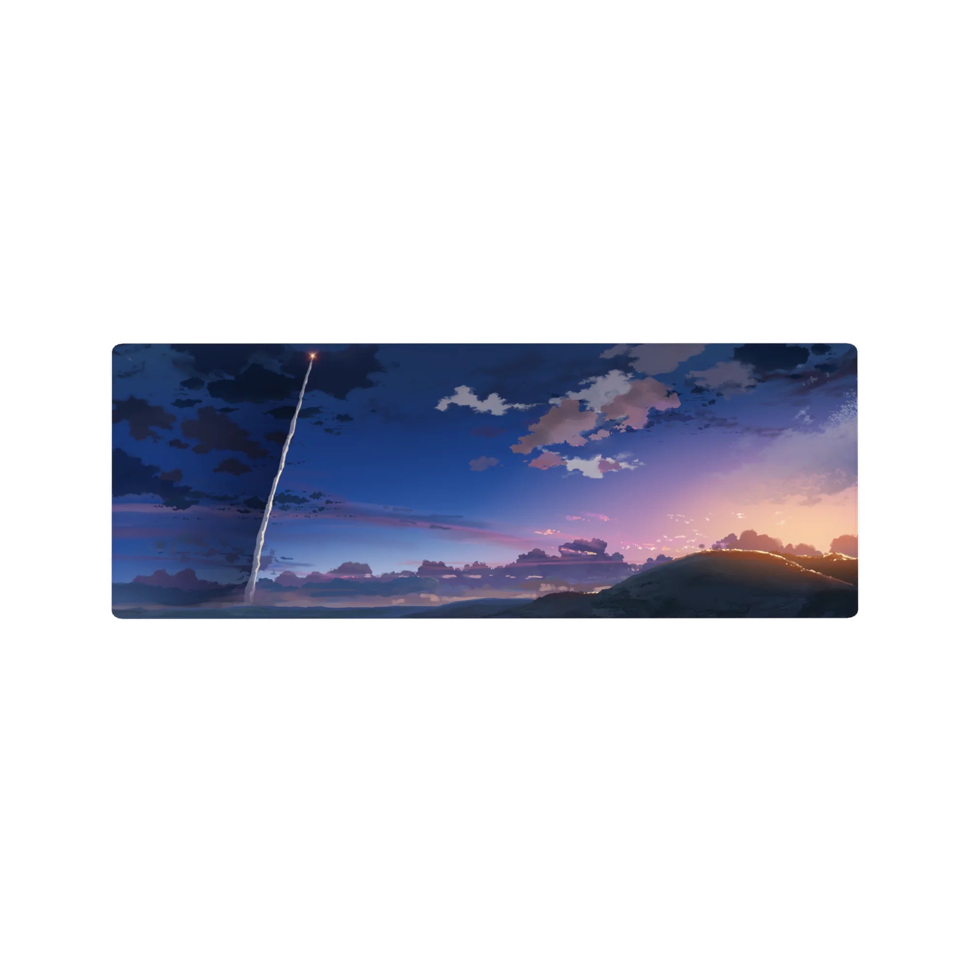 32x12 inches anime mouse pad with dusk coastline, rocket streak, layered clouds, hills, and shoreline.