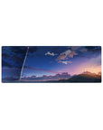 32x12 inches anime mouse pad with dusk coastline, rocket streak, layered clouds, hills, and shoreline.