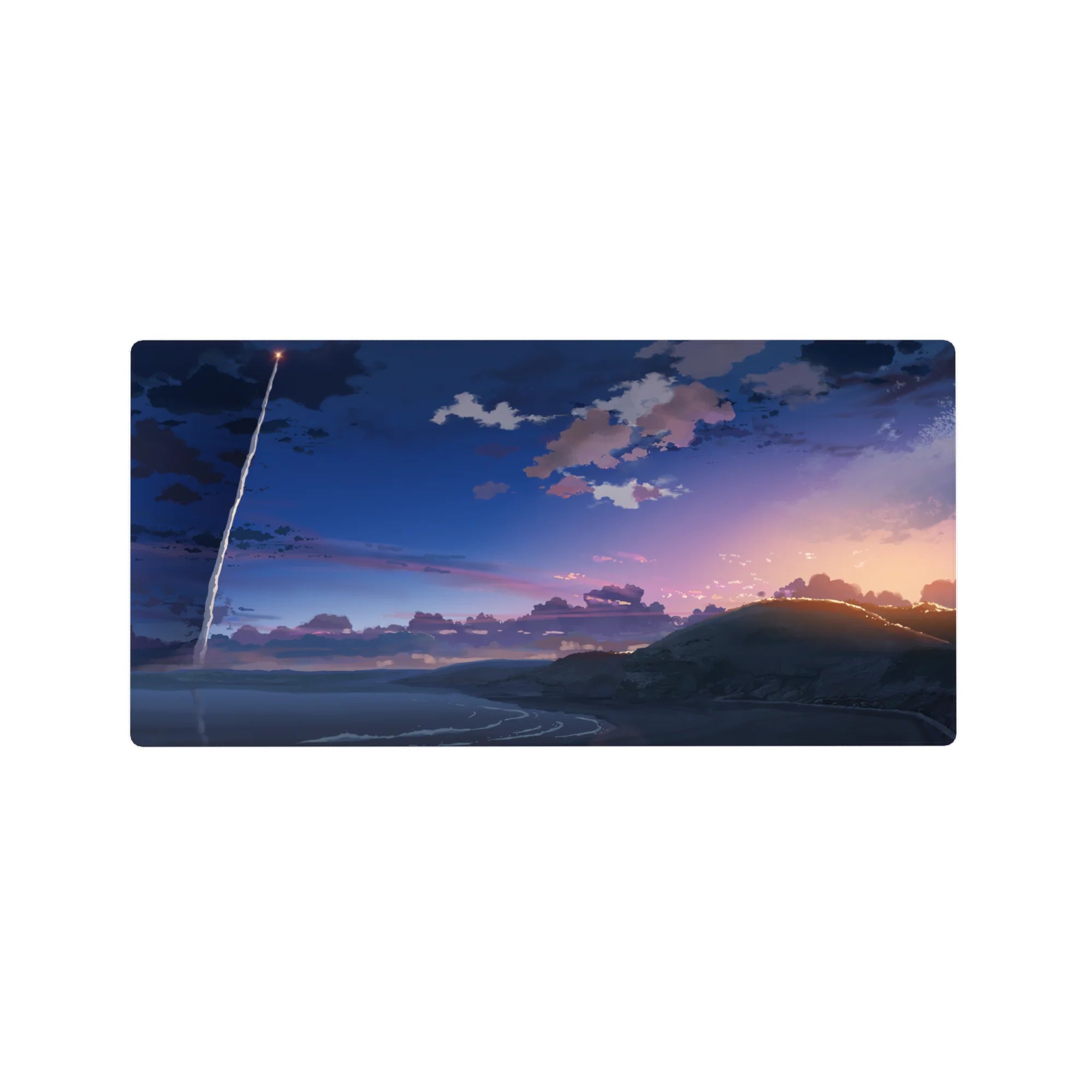 32x16 inches anime mouse pad with dusk coastline, layered clouds, rolling hills, and rocket streak sky.