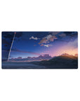 32x16 inches anime mouse pad with dusk coastline, layered clouds, rolling hills, and rocket streak sky.