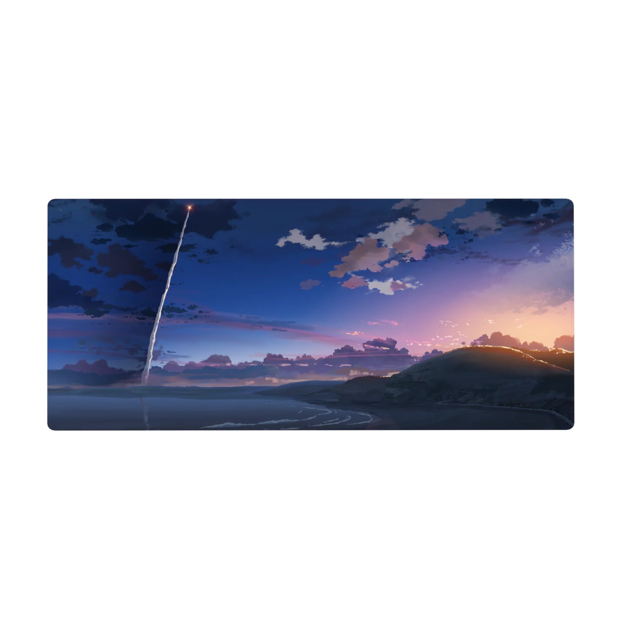Anime desk pad 36x16 inches with dusk coastline, layered clouds, rolling hills, and a rocket streak.