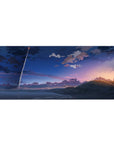 Anime desk pad 36x16 inches with dusk coastline, layered clouds, rolling hills, and a rocket streak.