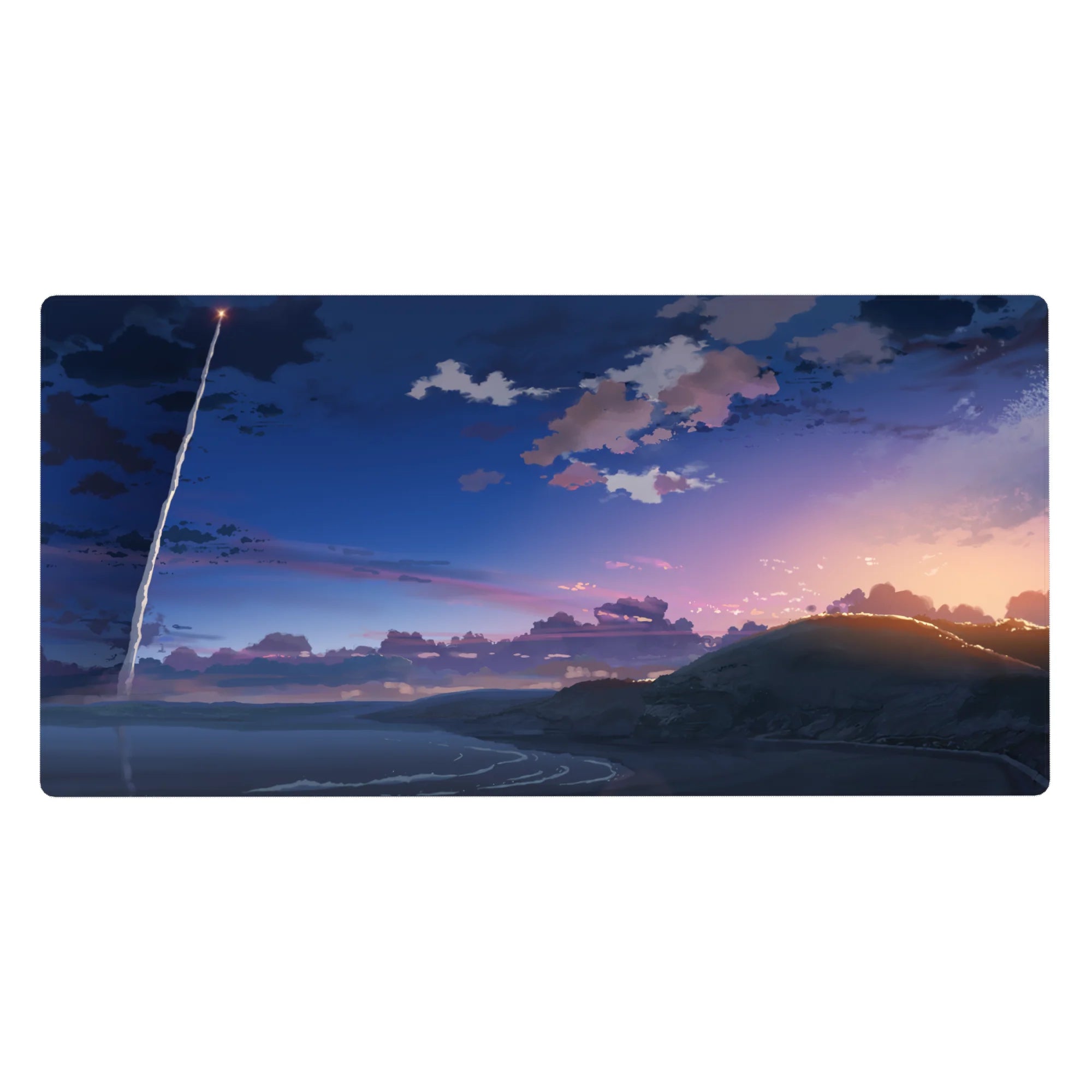 Anime desk pad 40x20 inches with dusk coastline, layered clouds, rolling hills, and rocket streak sky.