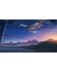 Anime desk pad 40x20 inches with dusk coastline, layered clouds, rolling hills, and rocket streak sky.