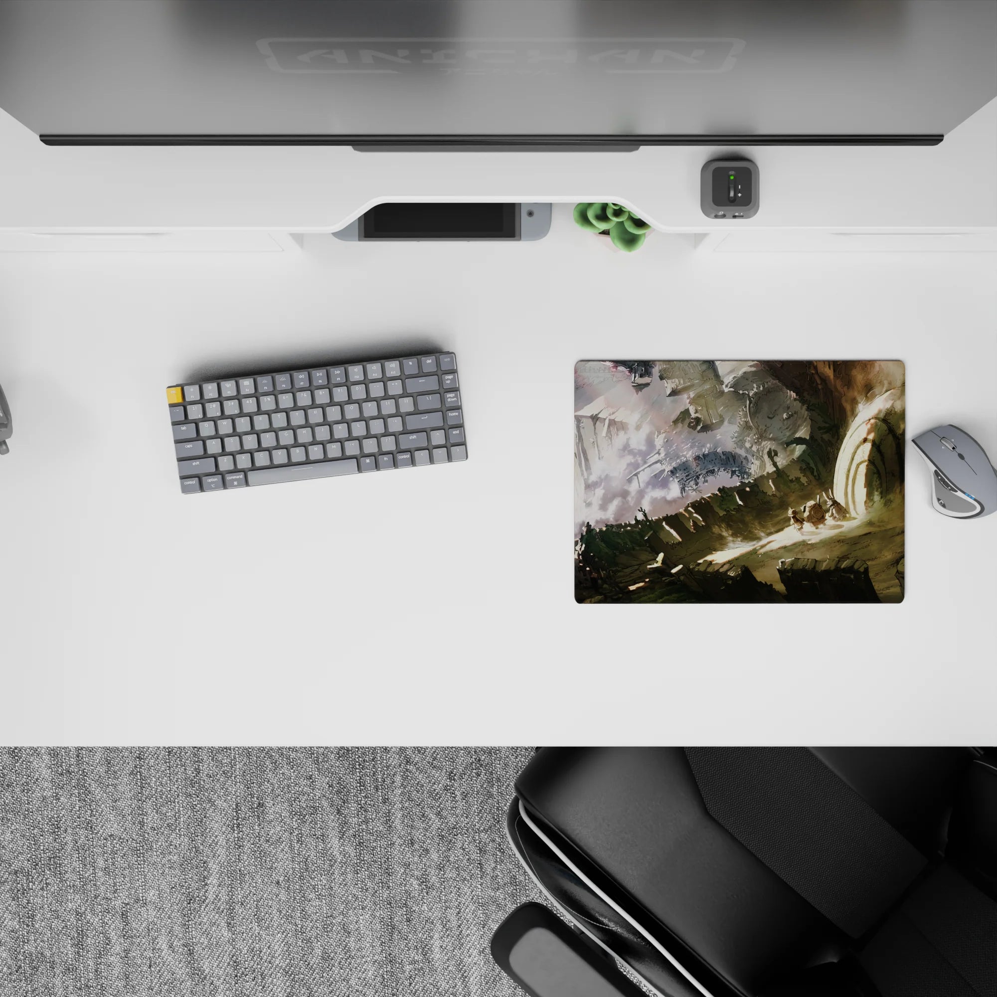 Cinematic anime mouse pad 14x10 inches in dusty greens, ash grays, and sunlit beige, quiet intense mood.