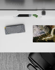 Cinematic anime mouse pad 14x10 inches in dusty greens, ash grays, and sunlit beige, quiet intense mood.