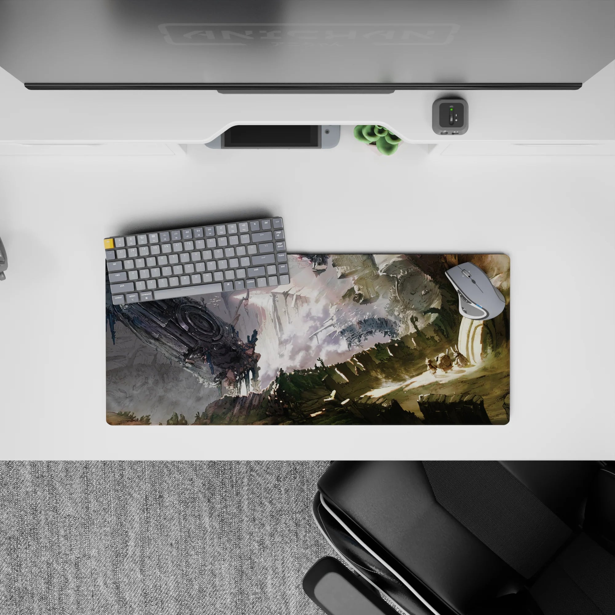 28x12 inches anime mouse pad in dusty greens, ash grays, and sunlit beige with a quiet, intense smoky mood.