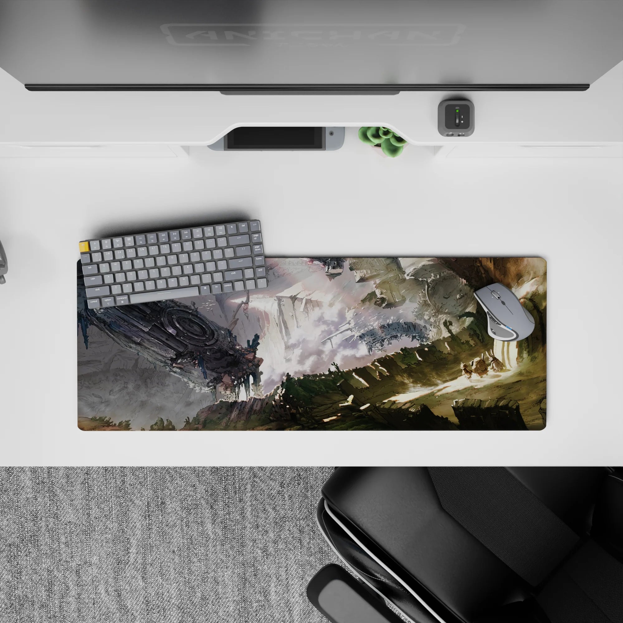 Anime mouse pad 32x12 inches in dusty greens and ash grays with sunlit beige, smoky intense mood.