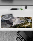 Anime mouse pad 32x12 inches in dusty greens and ash grays with sunlit beige, smoky intense mood.