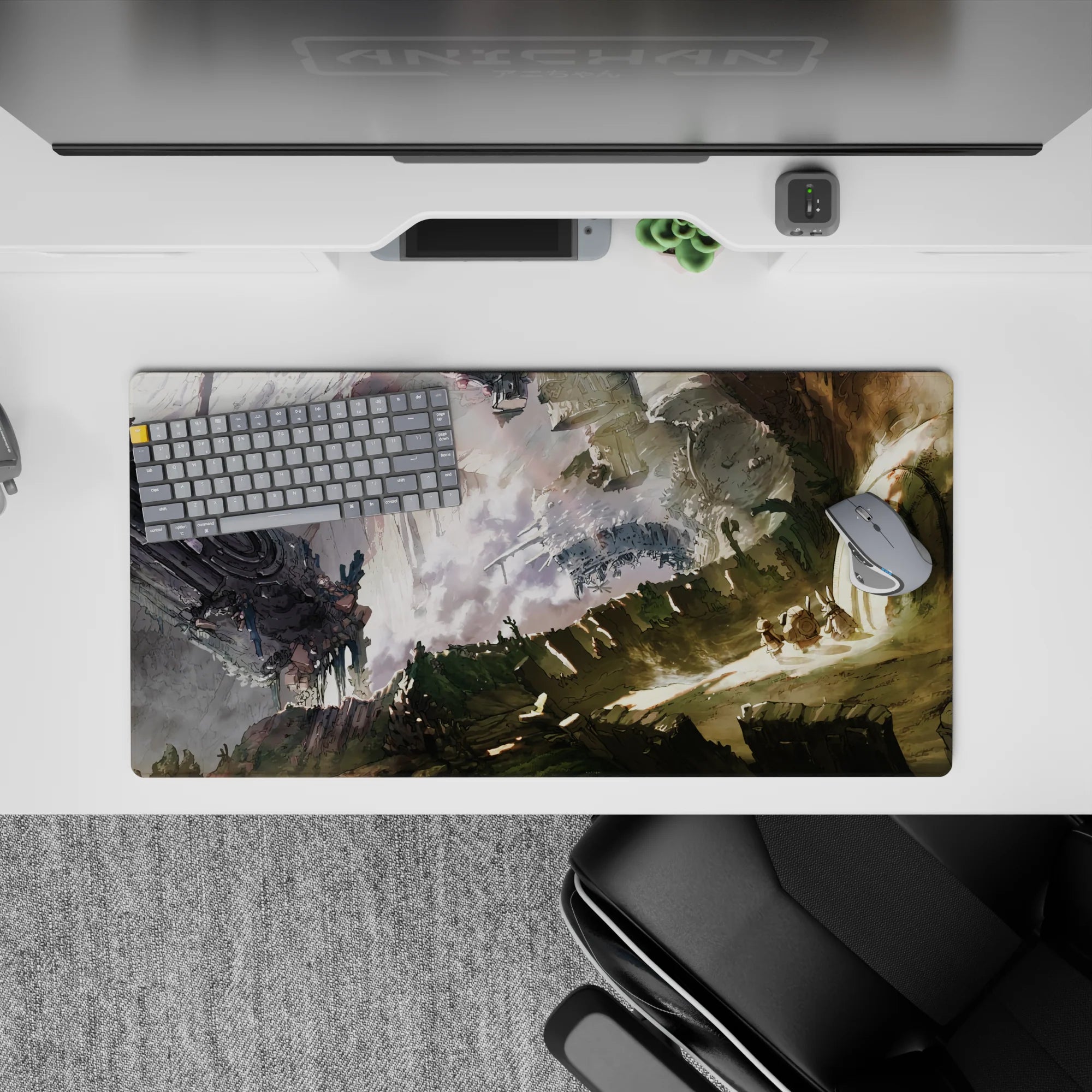 32x16 inches anime mouse pad in dusty greens, ash grays, and sunlit beige with quiet, intense mood.