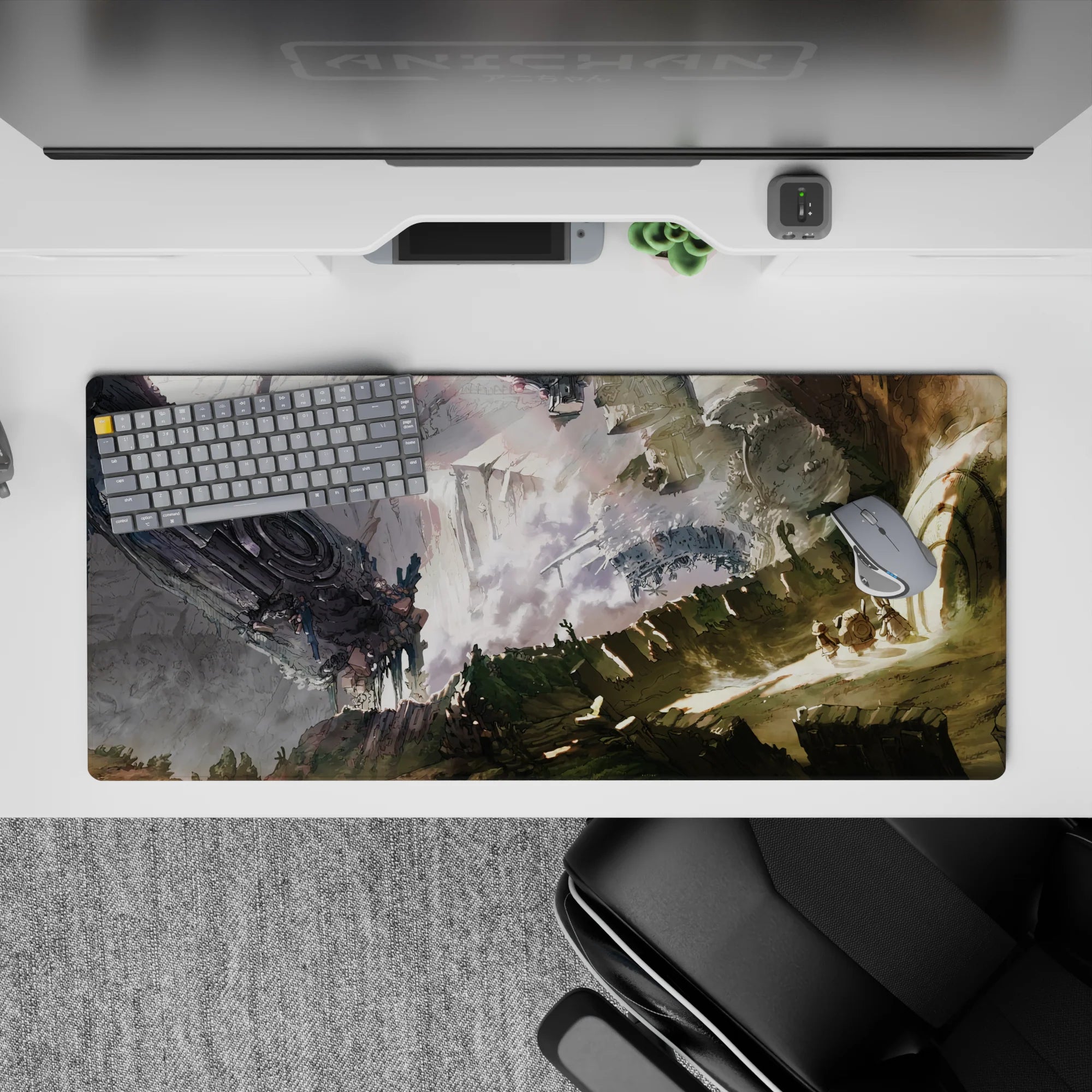 Dusty green and ash gray anime desk pad 36x16 inches, sunlit beige highlights and smoky ruins mood.