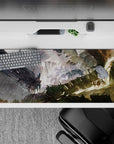 Dusty green and ash gray anime desk pad 36x16 inches, sunlit beige highlights and smoky ruins mood.