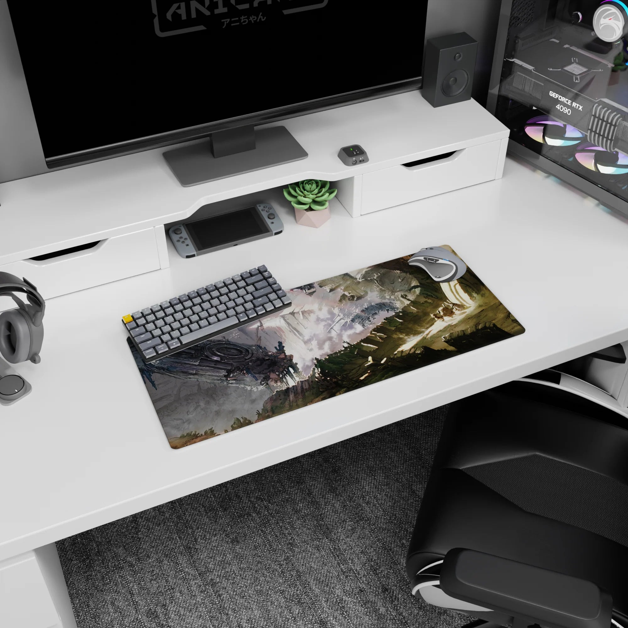 28x12 inches anime mouse pad showing tiny travelers nearing a massive circular gate beneath smoke and torn wreckage.