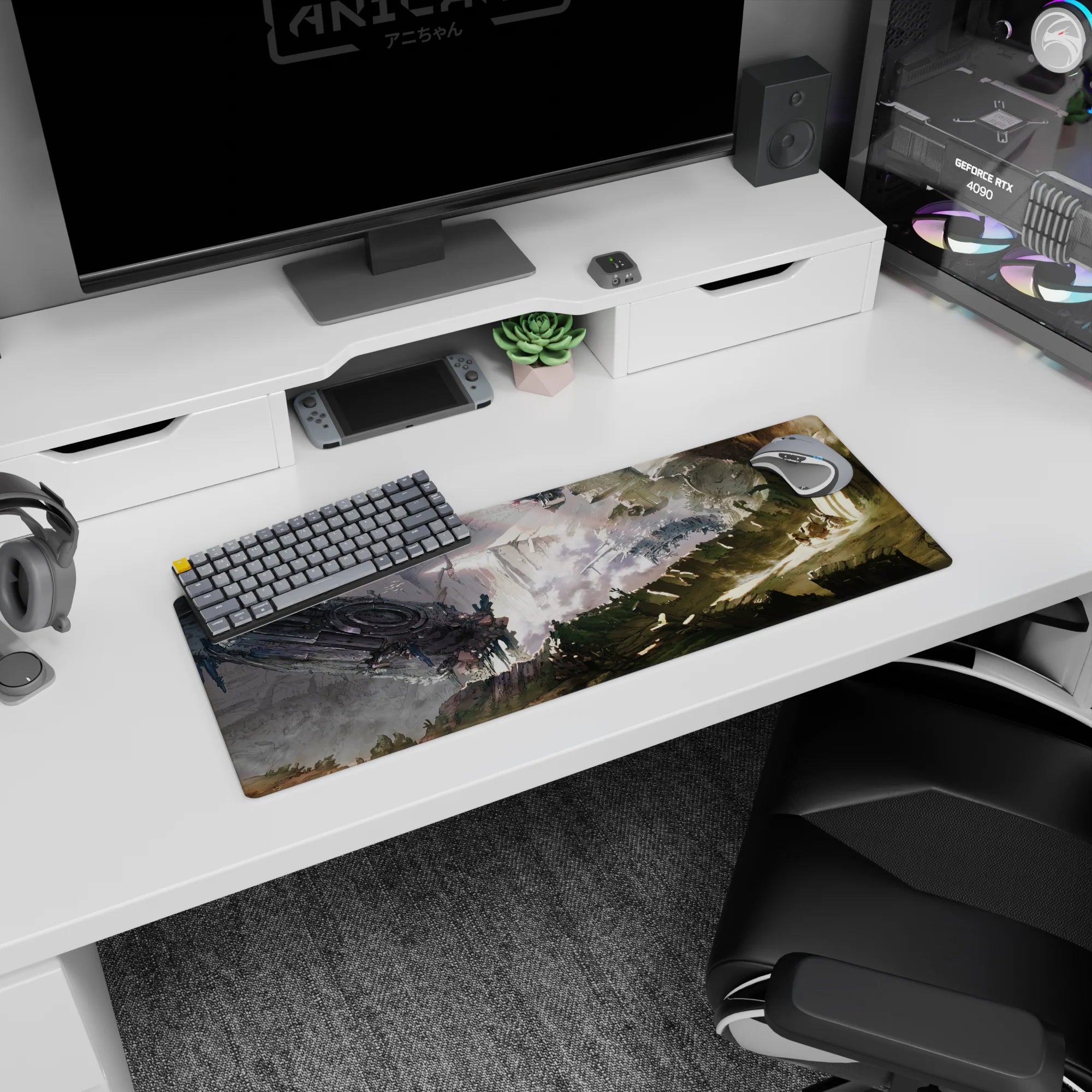 Anime mouse pad 32x12 inches showing tiny travelers nearing a massive circular gate under smoke and ruins.